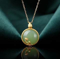Vintage 925 Silver Gold-Plated Jade Jadeite Pendant Necklace with Lotus Blossom 07FC0E-D4 - KOEEK