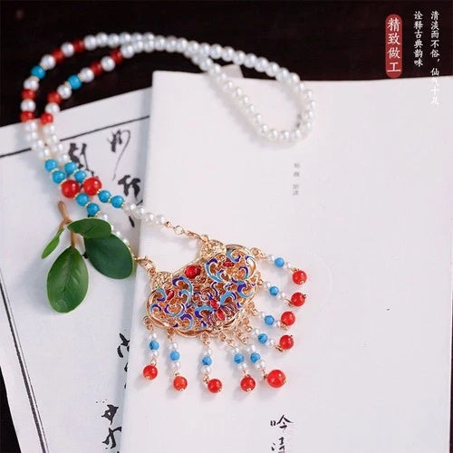 Chinese Cloisonne Blue Enamel Necklace Ethnic Hanfu Jewelry Elegant Accessory 07FC0E-D4 - KOEEK