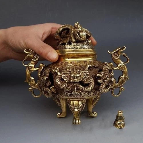 7" Chinese Brass Gilt 9 Dragon Incense Burner Censer Incensory Burner Statue 07FC0E-D4 - KOEEK