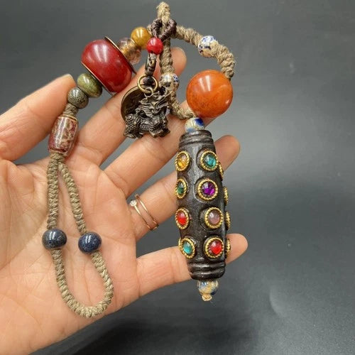 Antique Meteorite 20 Eyes Dzi Bead Handheld Pendant Inlaid Multicolor Beads 07FC0E-D4 - KOEEK