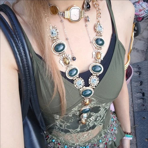 Vintage Court Necklace Green Stone Tiger Eye Pearl Double Layer Choker 07FC0E-D4 - KOEEK
