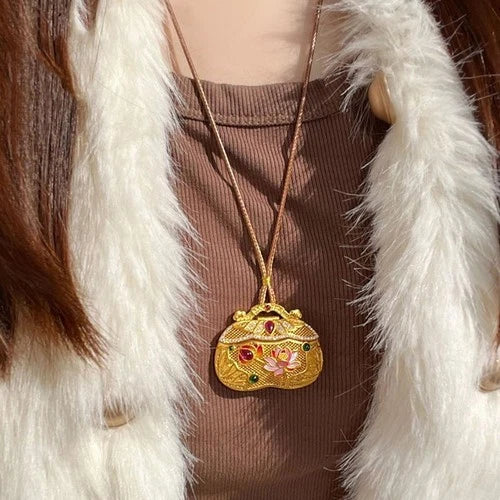 Gold Tone Inlay Pendant Necklace Chinese Filigree Ruyi Enamel Lotus Lock Jewelry 07FC0E-D4 - KOEEK