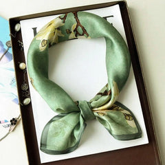 Silk Scarf Women Vintage Green Flowers Kerchief Square Bandana Wrap 68*68cm 07FC0E-D4 - KOEEK