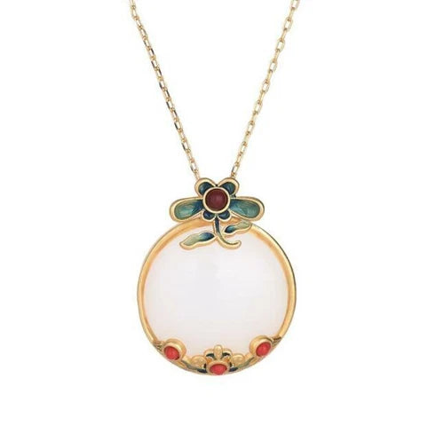 Chinese Style Necklace White Jade Pendant Enamel Cloisonne Necklace 07FC0E-D4 - KOEEK