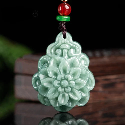 Jadeite Rose Flowers Pendant Ice Kind Handmade Carved Women's Necklace 07FC0E-D4 - KOEEK