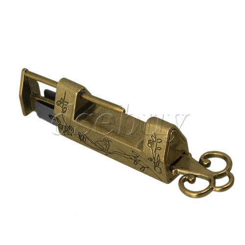 Chinese Old Style Antique Carved Bird Flower Leaf Padlock Lock With Key 07FC0E-D4 - KOEEK