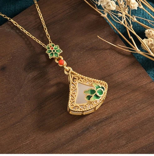 Gold Plated Fan Shape Imitation Hetian Jade Necklace Vintage Style Gift 07FC0E-D4 - KOEEK