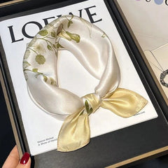 Silk Scarf Bandana Women Yellow Beige Flowers Neckerchief Turban 53*53cm 07FC0E-D4 - KOEEK