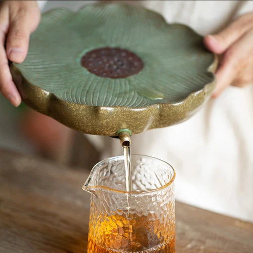 Crude Pottery Tea Tray Lotus Design Ceramic Water Draning Reservoir Serving Tray 07FC0E-D4 - KOEEK