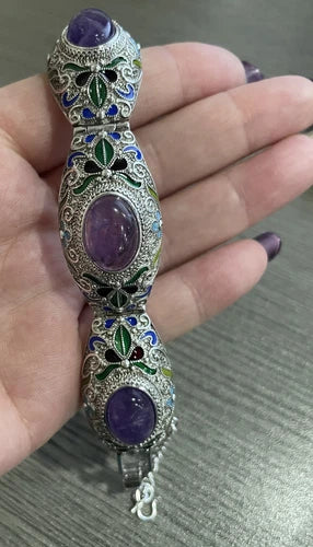 Chinese Silver Filigree Enamel Amethyst Bracelet Ring Set Jewelry Women Men Gift 07FC0E-D4 - KOEEK