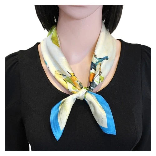 Silk 21" Square Scarf Women Kerchief Bandana Neckerchief Blue Beige Birds 07FC0E-D4 - KOEEK
