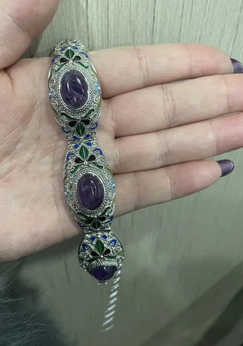 Chinese Silver Filigree Enamel Amethyst Bracelet Ring Set Jewelry Women Men Gift 07FC0E-D4 - KOEEK