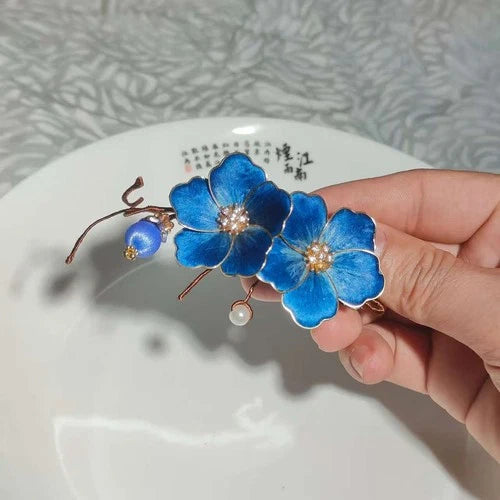 Velvet Flower Hairpin Chinese Style Hanfu Headpiece Blue Floral Hair Accessory 07FC0E-D4 - KOEEK