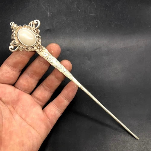 White Jade Inlaid Old Tibetan Silver Hairpin,Chinese Old Craft Made 07FC0E-D4 - KOEEK