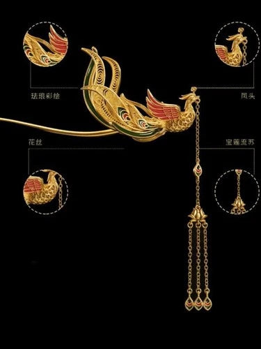 Chinese Hanfu Phoenix Hairpin Vintage Tassel Hair Stick Headdress Accessory 07FC0E-D4 - KOEEK