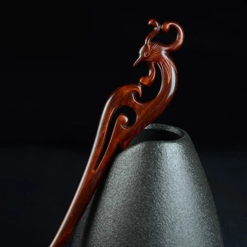 Rosewood Carved Dragon Phoenix Hair Stick Chinese Style Handmade Hairpin 2pc 07FC0E-D4 - KOEEK