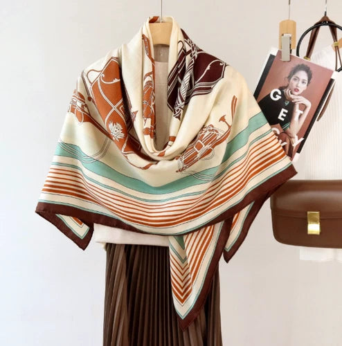 70% Cashmere 30% Silk Shawl 53'' Neckerchief Scarf carriage Print Bandanna 07FC0E-D4 - KOEEK