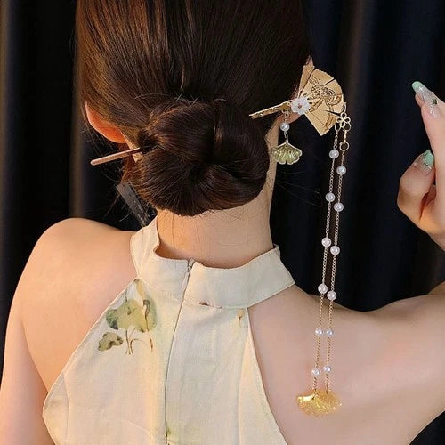 Vintage Chinese Style Fan Tassel Hairpin for Women Qipao Hair Accessory 07FC0E-D4 - KOEEK