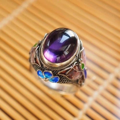 Chinese Vintage Enamel Ring Adjustable Open Band Style Jewelry for Women 07FC0E-D4 - KOEEK