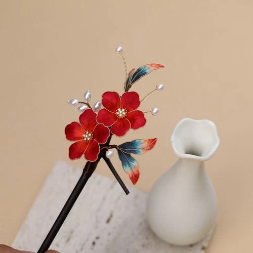 Silk Velvet Flower Hairpin Hanfu Vintage Chinese Style Hair Accessory 1pc 07FC0E-D4 - KOEEK