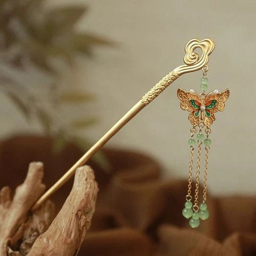 Chinese Style Filigree Cloisonné Butterfly Cloud Tassel Enamel Hairpin 07FC0E-D4 - KOEEK