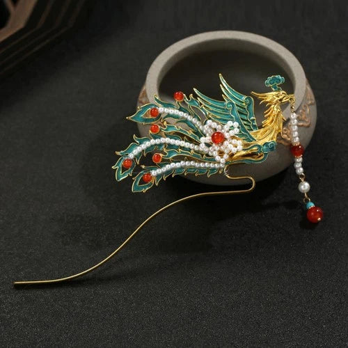 Chinese Hanfu Blue Enamel Phoenix Tassel Hairpin Vintage Style Jewelry 07FC0E-D4 - KOEEK