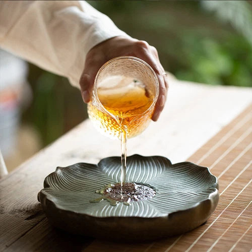 Crude Pottery Tea Tray Lotus Design Ceramic Water Draning Reservoir Serving Tray 07FC0E-D4 - KOEEK
