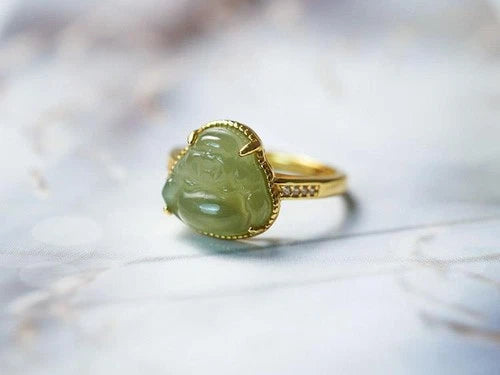 Hetian Jade Ring Female Laughing Buddha Carved Stone Adjustable Jewelry 07FC0E-D4 - KOEEK