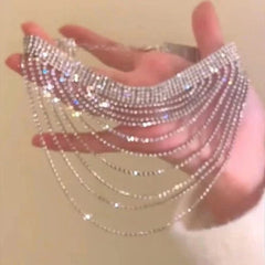 Silver Rhinestone Tassel Layered Choker Necklace Collar Jewelry for Women 07FC0E-D4 - KOEEK