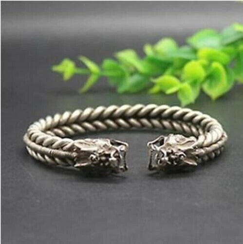 Collectable Old Chinese Tibet Silver handCarved Dragon head Bracelet 07FC0E-D4 - KOEEK