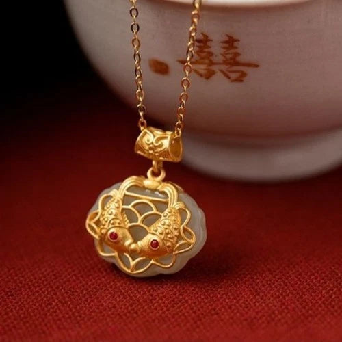 Jade Koi Pendant Necklace Womens Longevity Lock Chinese Style Gift 07FC0E-D4 - KOEEK