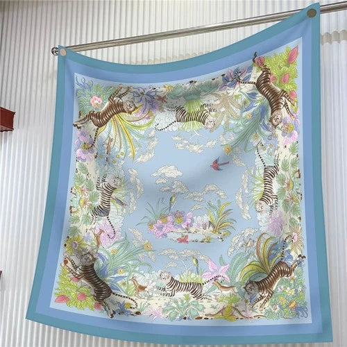 90cm Twill Silk Scarf Floral Bird Print Square Shawl Sun Protection for Women 07FC0E-D4 - KOEEK