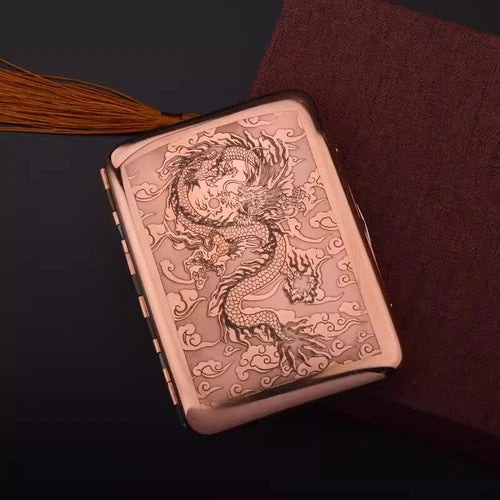 Vintage Copper Pocket Cigarette Case Carved Dragon Double Sided Portable Storage 07FC0E-D4 - KOEEK