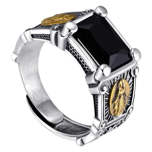 Vintage Black Stone Ring Adjustable Punk Style Hip Hop Fashion Jewelry for Men 07FC0E-D4 - KOEEK