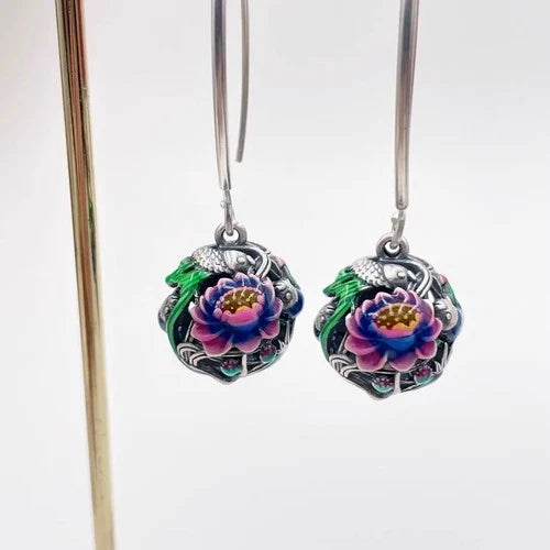 Cloisonne Enamel Lotus Koi Fish Earrings Vintage Ethnic Handmade Dangle Jewelry 07FC0E-D4 - KOEEK