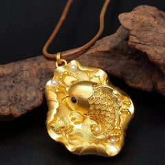 Handmade Fish Pendant Necklace Filigree Inlay Pearl Vintage Style Carved Jewelry 07FC0E-D4 - KOEEK