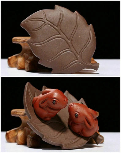 7.3'' Creative Tea Pet Home Decoration Rabbit on Leaf Statue House Warming Gift 07FC0E-D4 - KOEEK