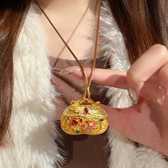 Gold Tone Inlay Pendant Necklace Chinese Filigree Ruyi Enamel Lotus Lock Jewelry 07FC0E-D4 - KOEEK