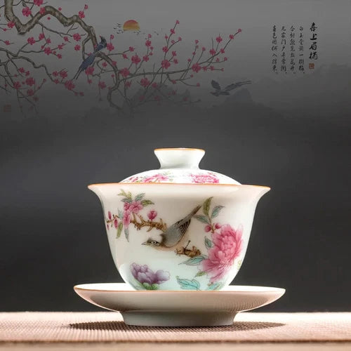 Chinese Gaiwan Ceramic Tea Bowl with Saucer, Handmade Hand-painted Tea Set 07FC0E-D4 - KOEEK
