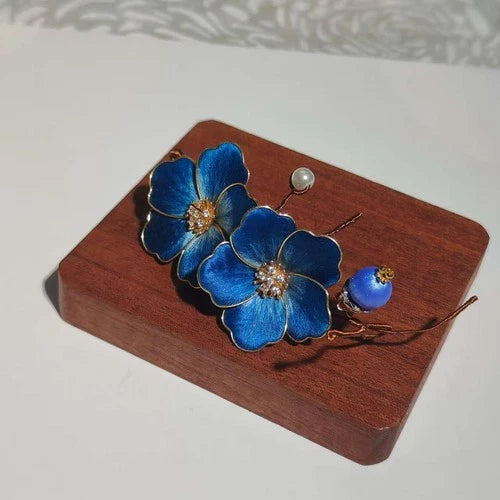 Velvet Flower Hairpin Chinese Style Hanfu Headpiece Blue Floral Hair Accessory 07FC0E-D4 - KOEEK