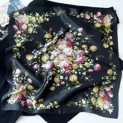 Pure Silk 21" Small Square Scarf Women Neckerchief Black White Flower Wrap 07FC0E-D4 - KOEEK