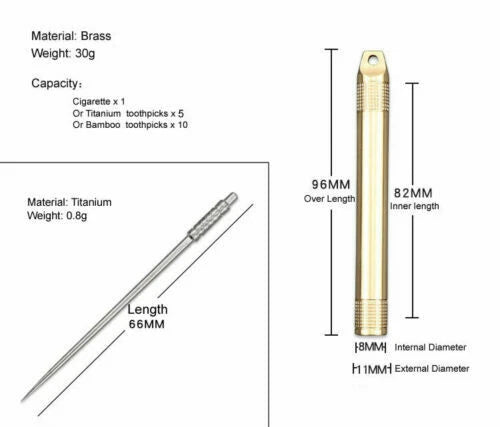 Brass Case Titanium Toothpick set Keychain Waterproof Box Cigarette Container 07FC0E-D4 - KOEEK