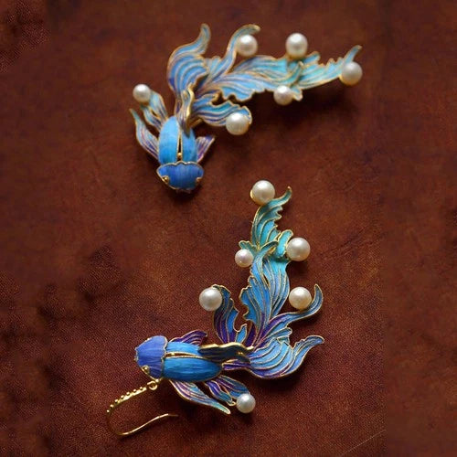 Enamel Imitation Kingfisher Koi Fish Earrings Pearl Chinese Style Jewelry Gifts 07FC0E-D4 - KOEEK