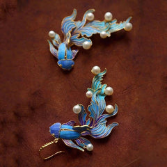 Enamel Imitation Kingfisher Koi Fish Earrings Pearl Chinese Style Jewelry Gifts 07FC0E-D4 - KOEEK