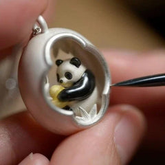 Moonstone Pendant Necklace Panda Garden Motif Cold Enamel Long Jewelry 07FC0E-D4 - KOEEK