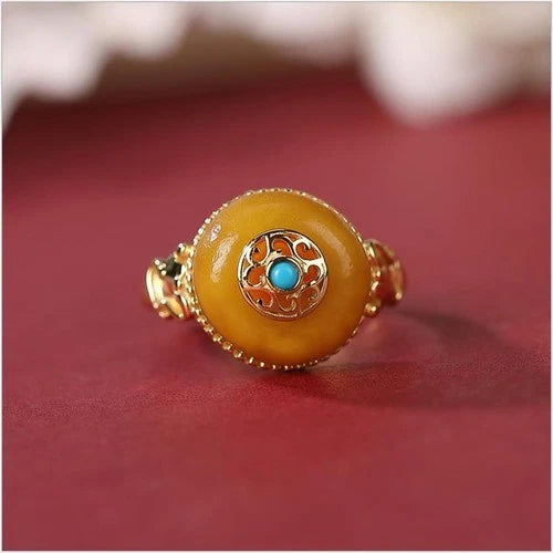 Yellow Glass Pi Xiu Ring Vintage Adjustable Wealth Ring for Women 07FC0E-D4 - KOEEK
