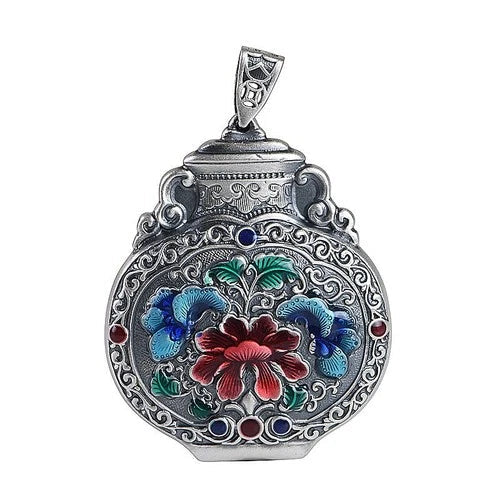 Cloisonne Enamel Double Sided Ruyi Vase Peony Pendant Vintage Ethnic Style 07FC0E-D4 - KOEEK
