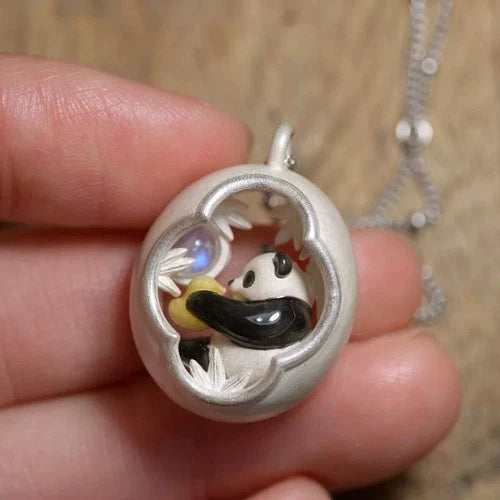 Moonstone Pendant Necklace Panda Garden Motif Cold Enamel Long Jewelry 07FC0E-D4 - KOEEK