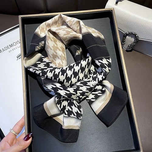 Silk Twill Long Scarf Women Kerchief Square Bandana Wrap Houndstooth 145*37 07FC0E-D4 - KOEEK
