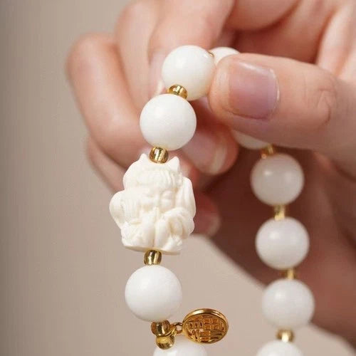 White Jade Bodhi Beads Bracelet Nine-Tailed Fox  Hand String Unisex 07FC0E-D4 - KOEEK